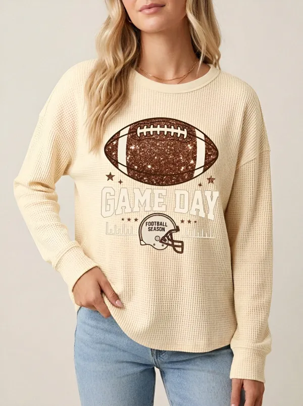 Women's Game Day Football Glitter Printed Waffle Knit T-Shirt