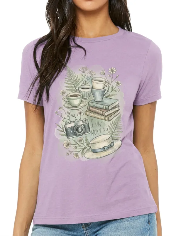 Women's Slow Morning Coffee Books Camera Printed T-shirt