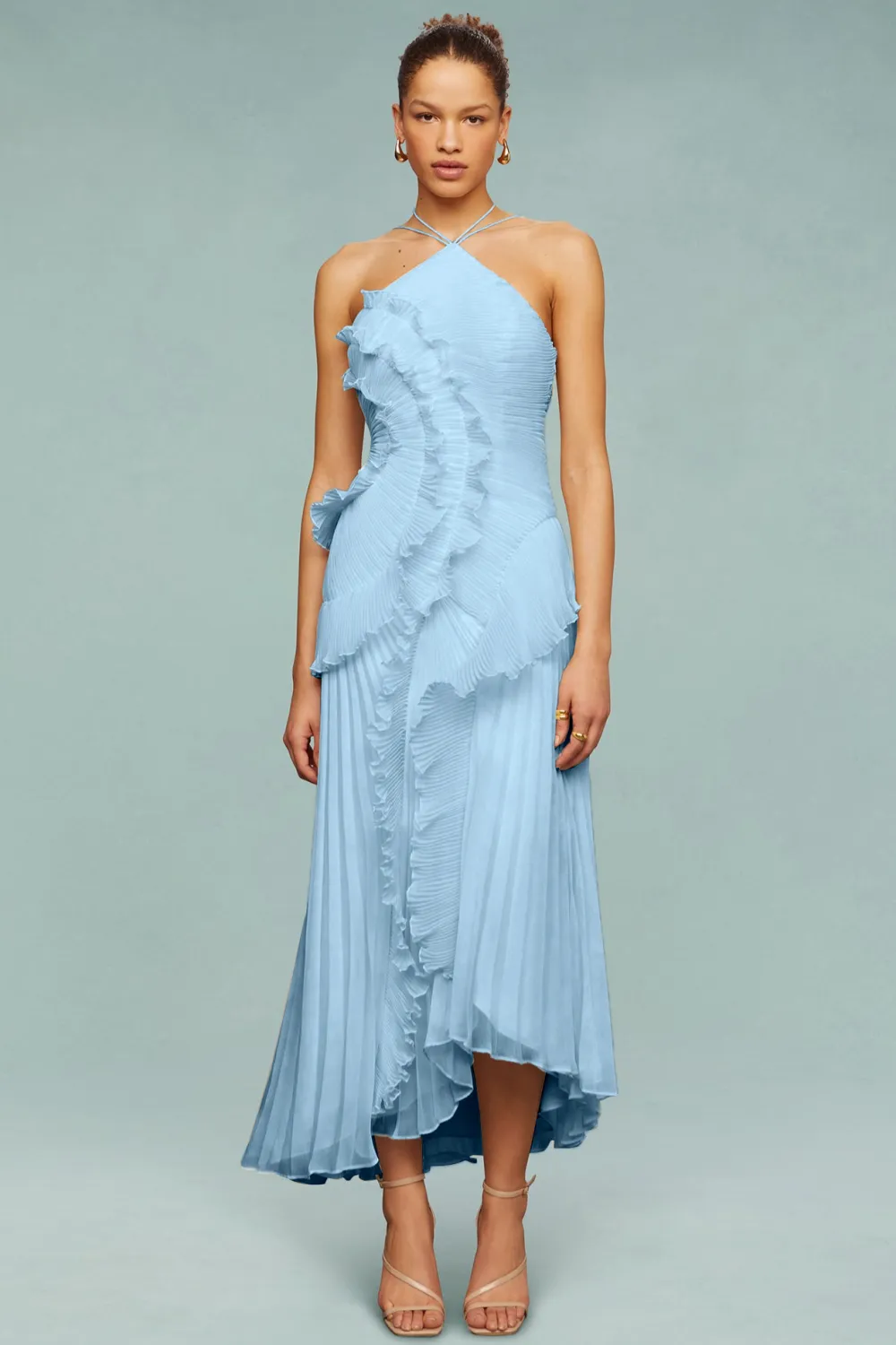 Pleated Frill Halter Neck Midi Dress