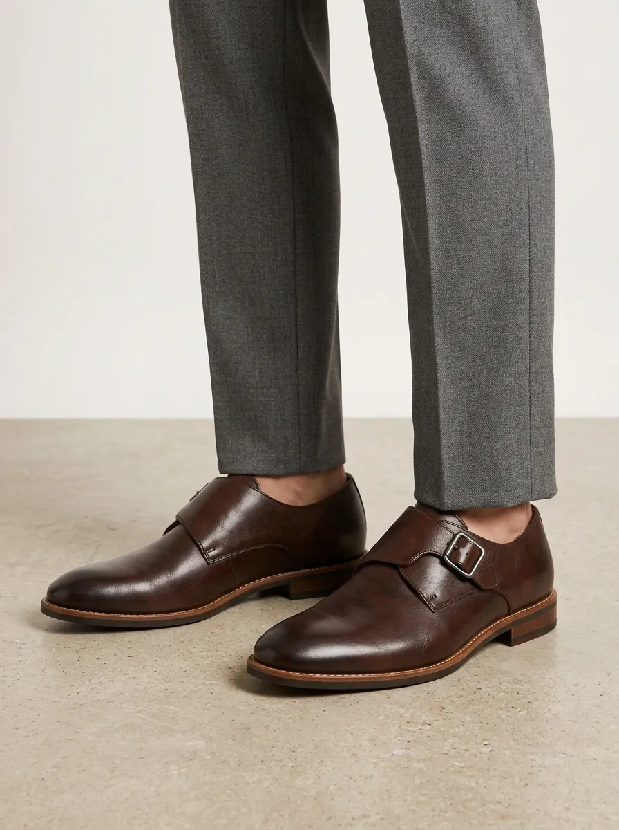 Men's Casual Classic Leather Single Monk Strap Dress Shoes