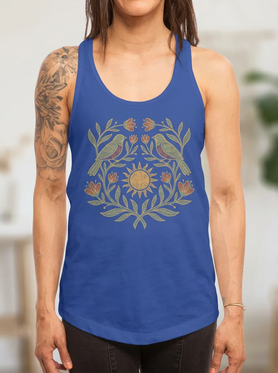 Women's Nature Lover Sun Birds Floral Printed Tank Top