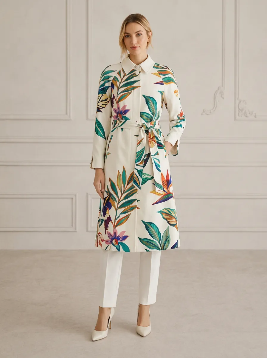 Women's Tropical Botanical Floral Printed Trench Coat