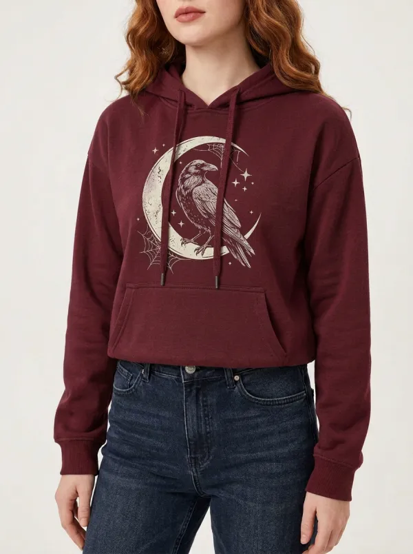 Women's Halloween Gothic Raven Moon Printed Hoodie