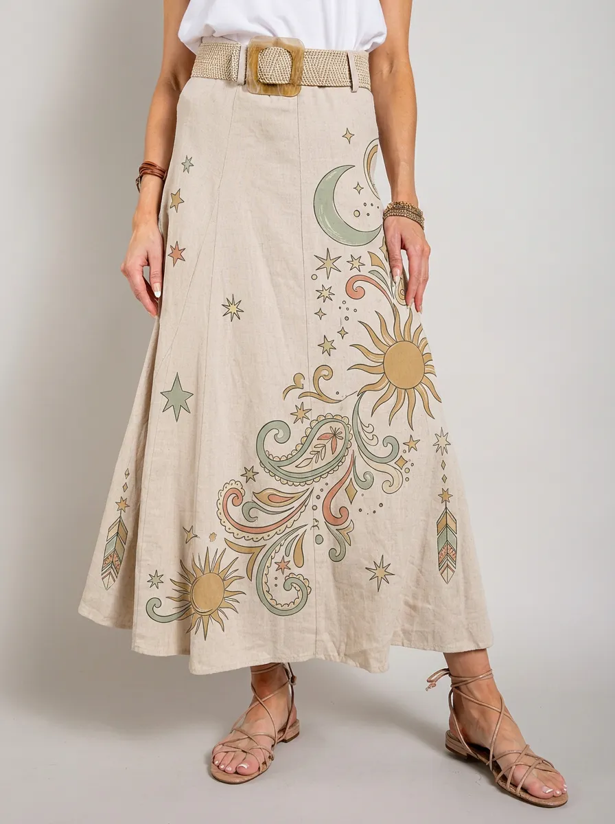 Women's Boho Celestial Sun Moon Paisley Printed Maxi Skirt