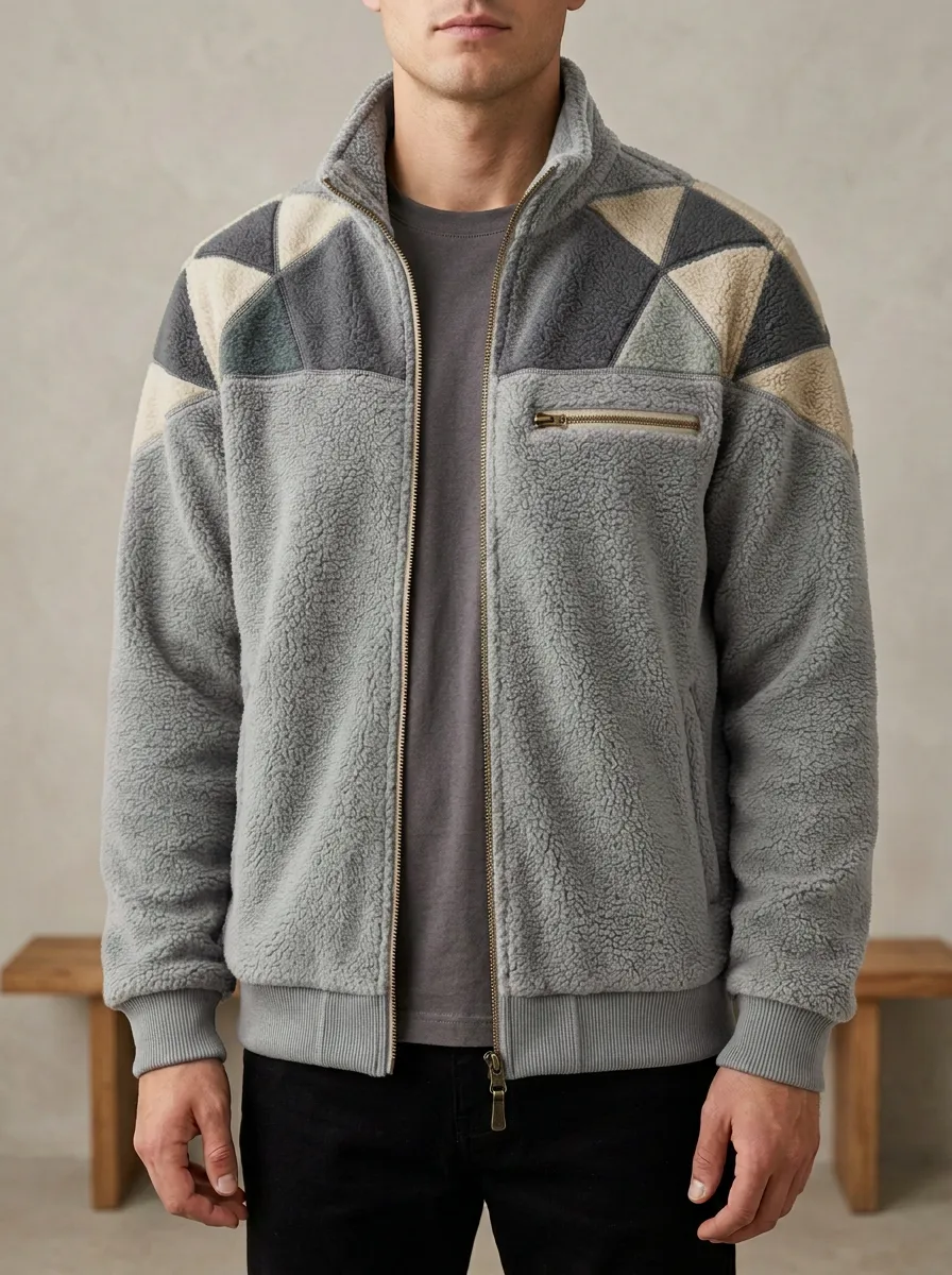 Geometric Patchwork Sherpa Fleece Jacket