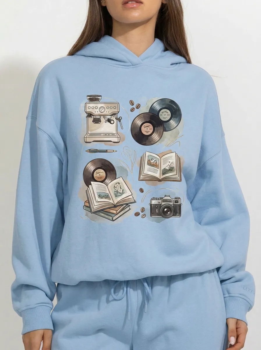 Women's Coffee Vinyl Book Camera Aesthetic Printed Hoodie