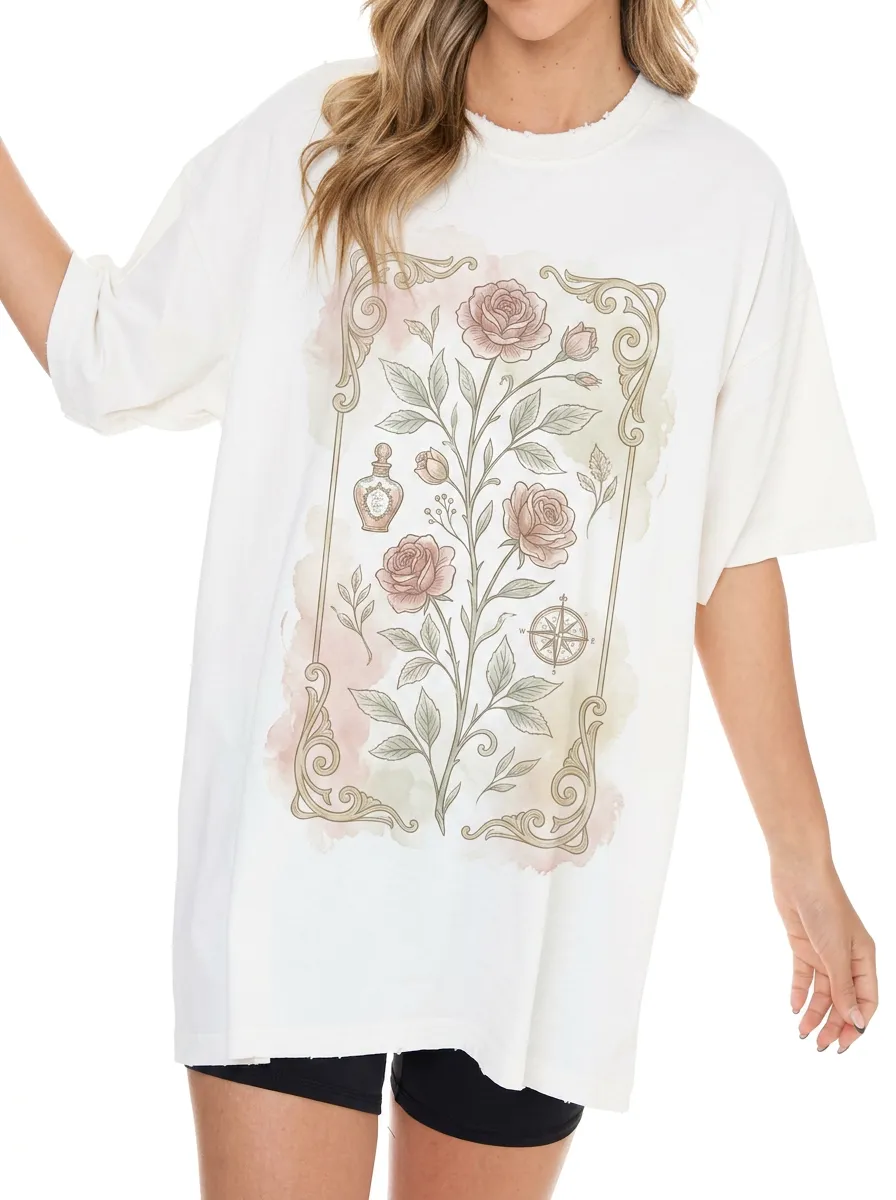 Women's Vintage Aesthetic Rose Compass Perfume Bottle Printed T-shirt