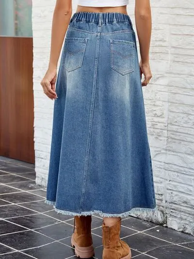 Raw Hem Buttoned Denim Skirt
