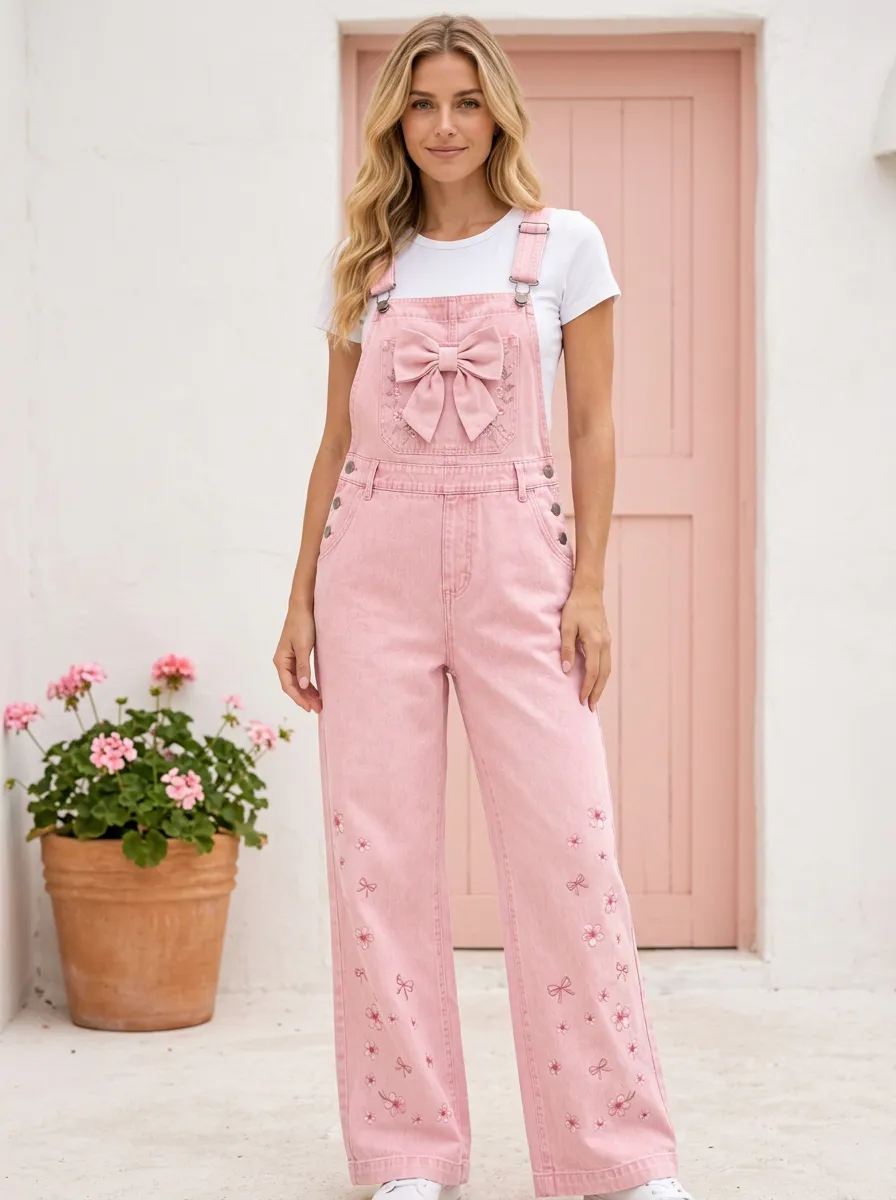 Women's Floral Embroidered Ribbon Bow Printed Denim Overalls