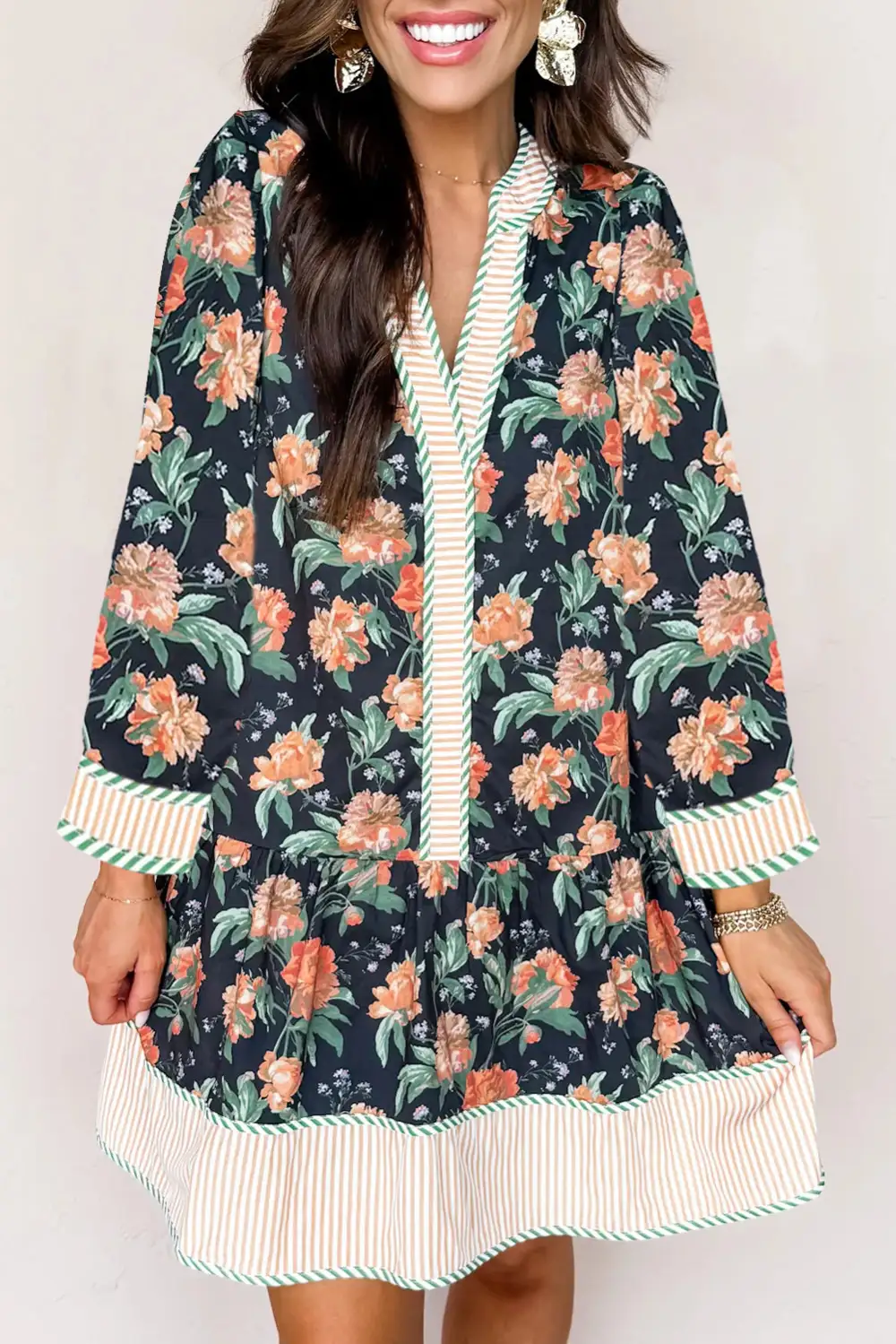 Balanced Detail Floral Striped V Neck Mini Dress