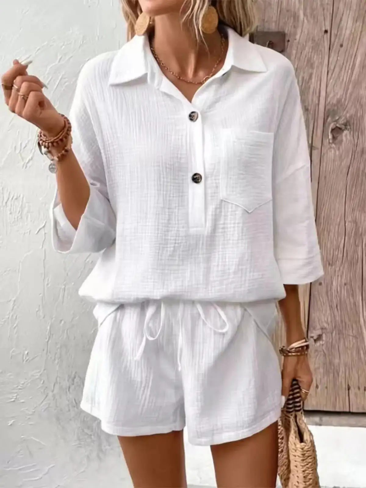 Button-Detail Pocketed Cotton Top and Shorts Matching Set
