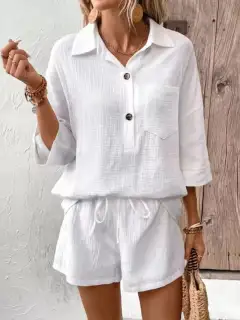 Button-Detail Pocketed Cotton Top and Shorts Matching Set