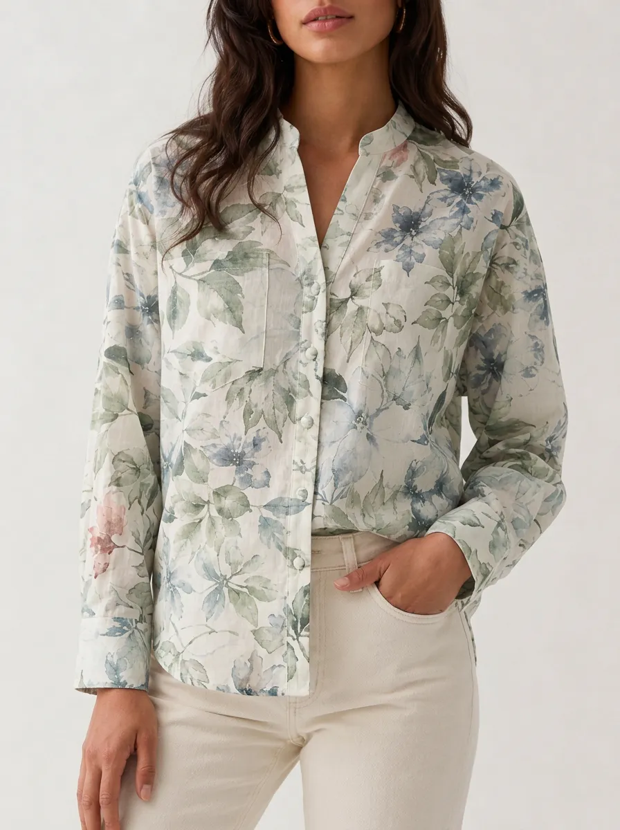 Women's Botanical Floral Watercolor Printed Button-up Shirt