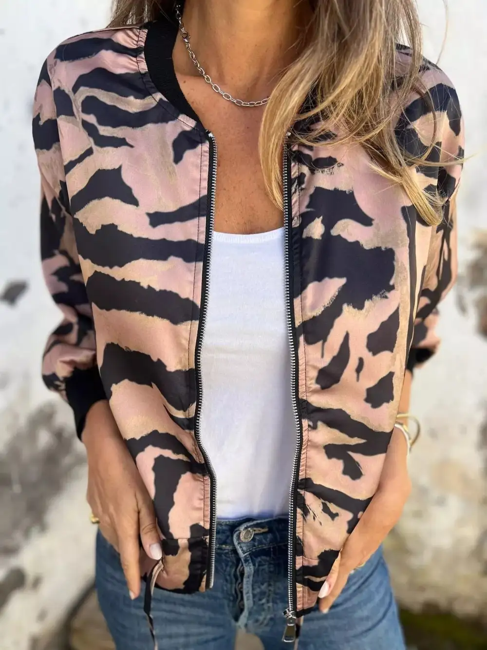 Zip Up Zebra Print Bomber Jacket