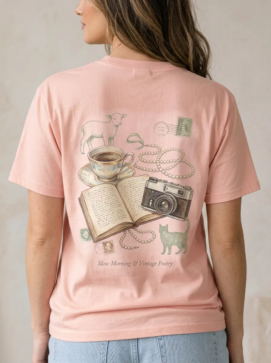 Women's Vintage Aesthetic Poetry Camera Coffee Printed T-shirt