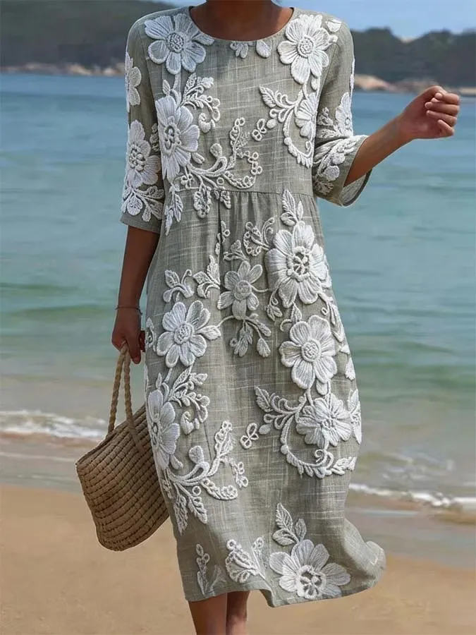 Women's Casual Round Neck Mid Sleeve Print Cotton and Linen Dress