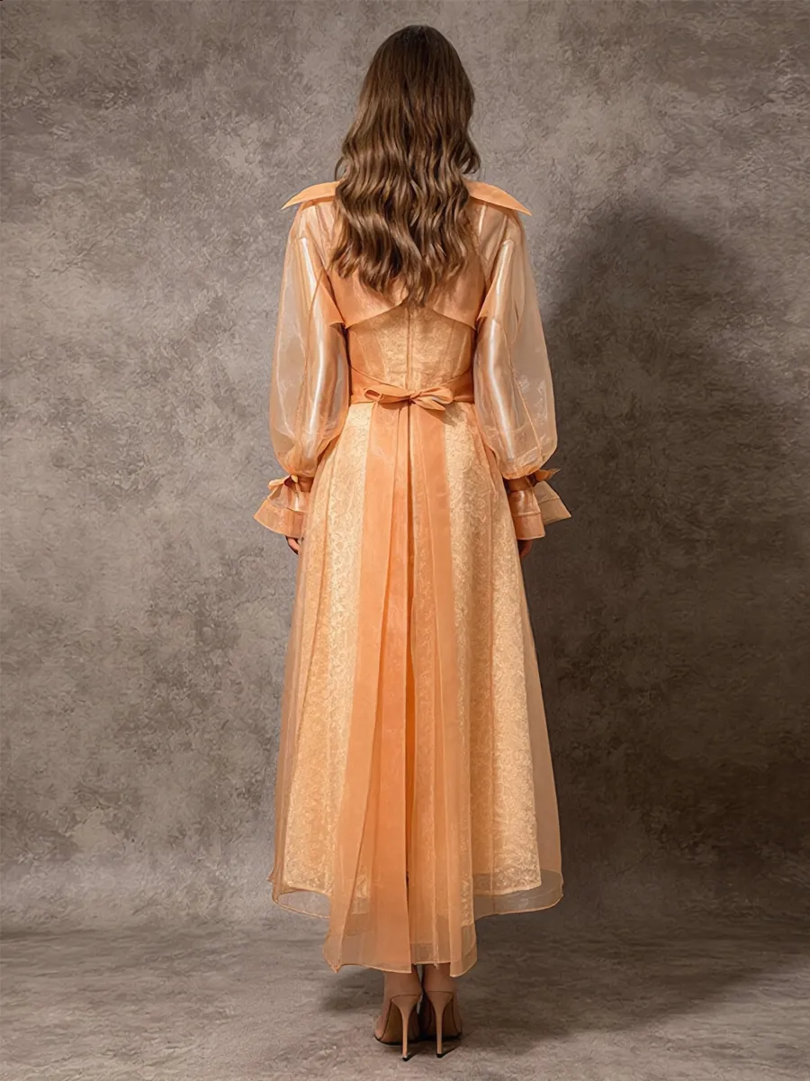 Talia Long-Sleeve Chiffon Lapel Long Coat
