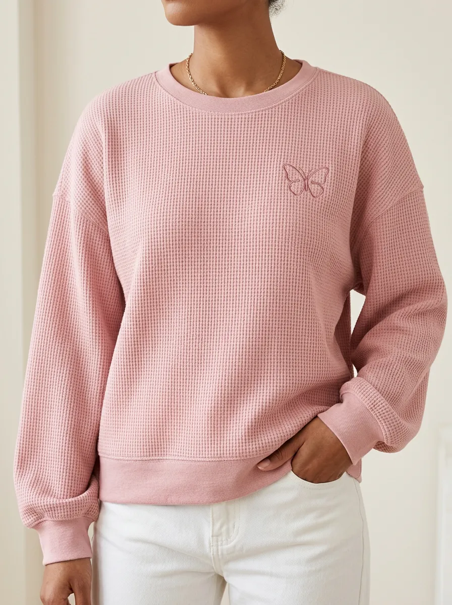 Women's Pink Aesthetic Butterfly Embroidered Waffle Knit Sweatshirt