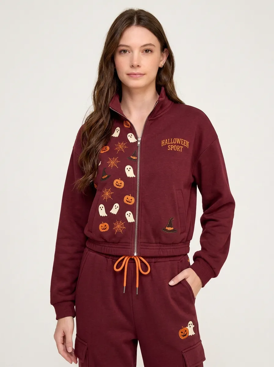 Women's Halloween Ghost Pumpkin Printed Zip-up Sportswear Set