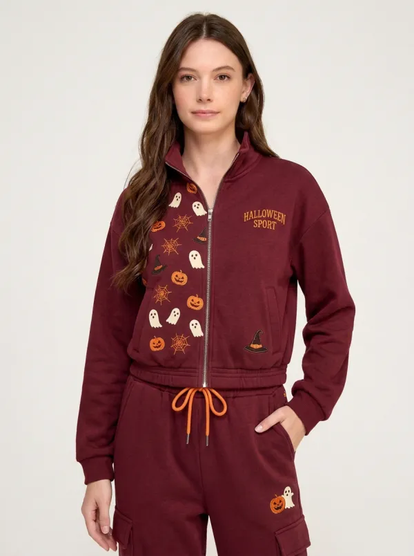 Women's Halloween Ghost Pumpkin Printed Zip-up Sportswear Set