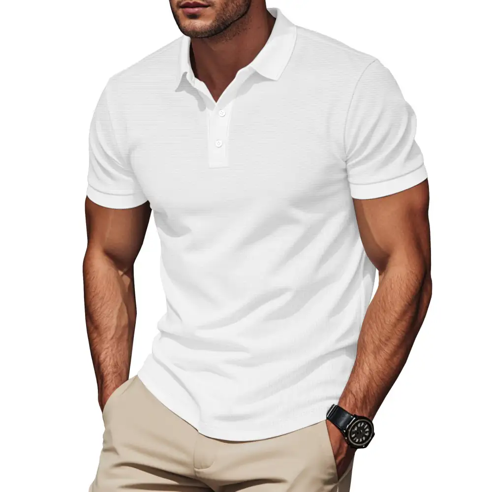 Waffle Texture Button Placket Fitted Polo Shirt