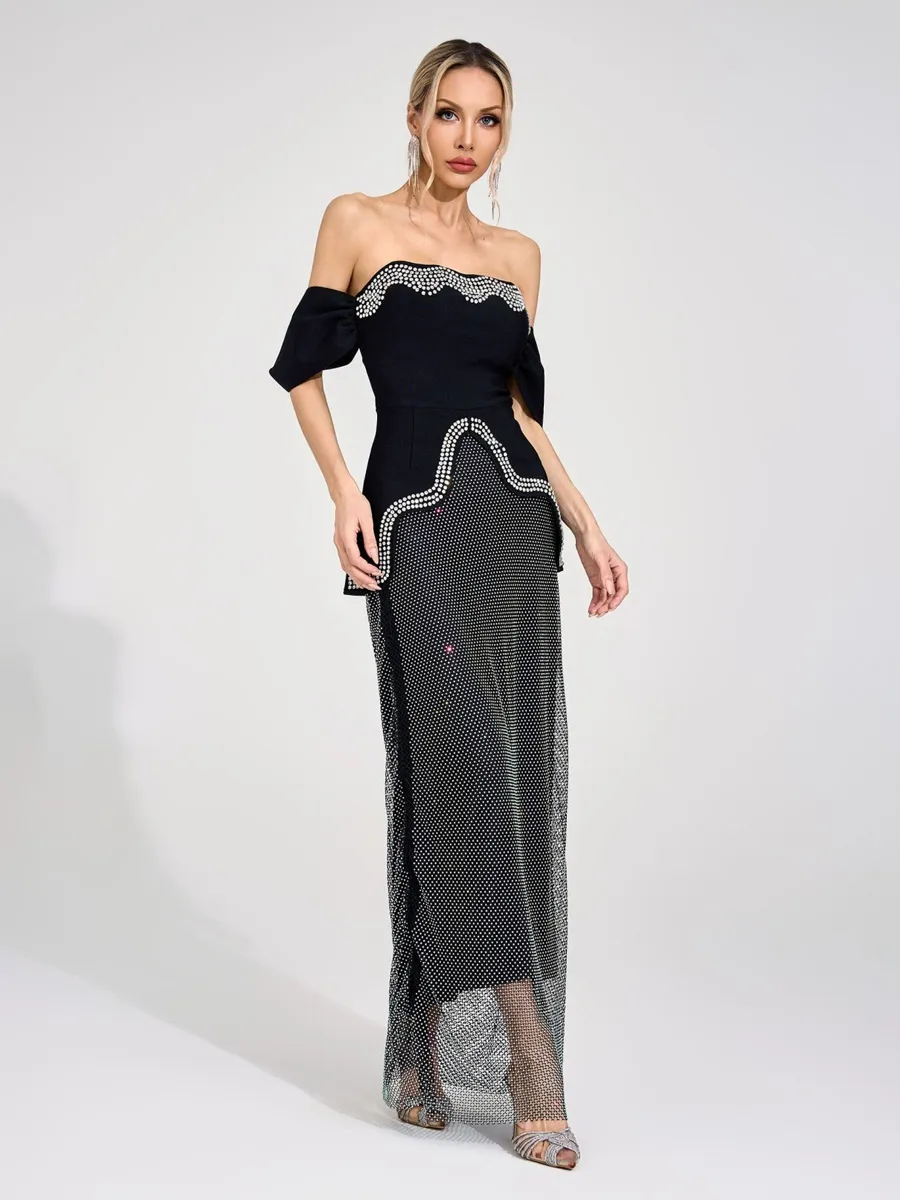 Arabella Black Rhinestone Maxi Skirt Set