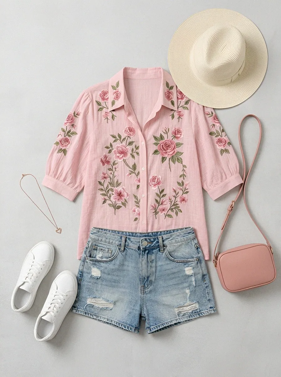 Women's Breast Cancer Awareness Pink Rose Floral Embroidered Button-up Shirt