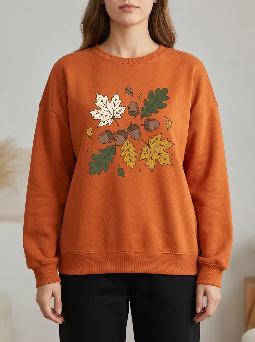 Ribbed Maple-Leaf Printed Acorn Graphic Sweatshirt