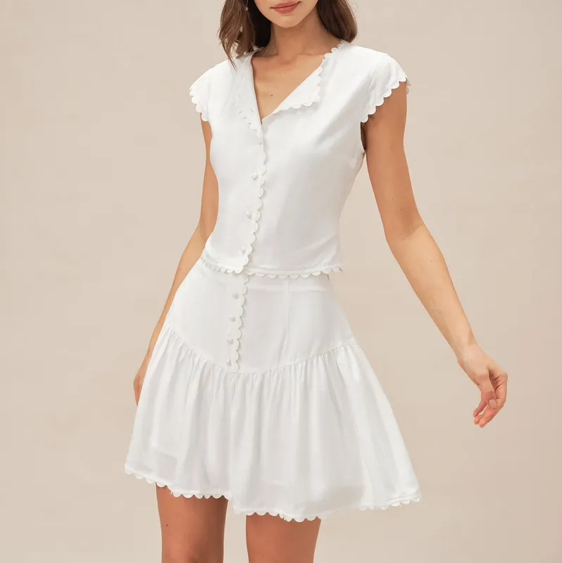 White Button Ruched Mini Skirt