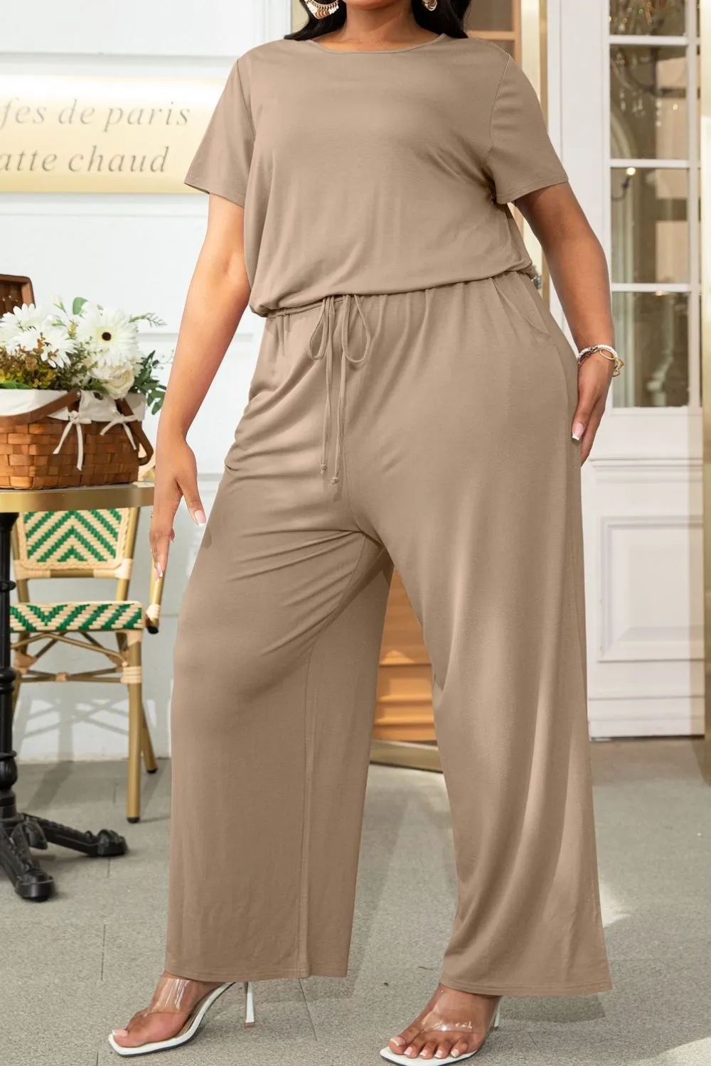 Plus Size Drawstring Waist Short Sleeve Shorts