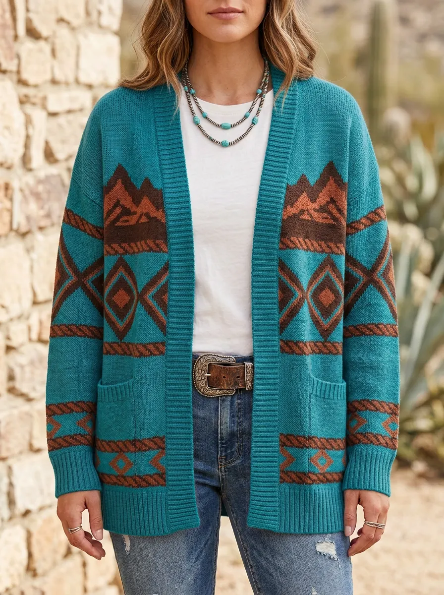 Women's Western B3 Aztec Mountain Pattern Printed Cardigan Sweater