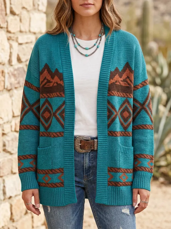 Women's Western B3 Aztec Mountain Pattern Printed Cardigan Sweater