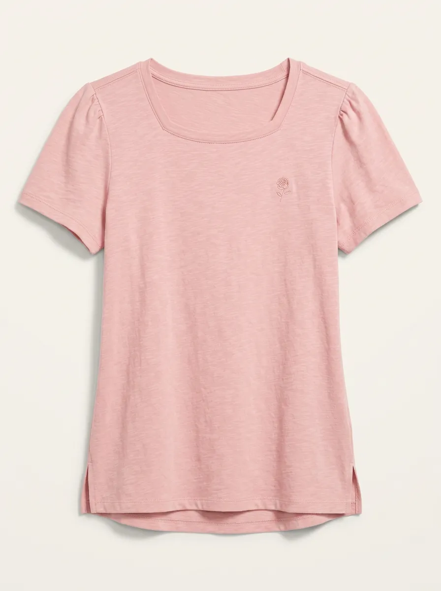 Women's Pink Rose Minimalist Embroidered Puff Sleeve T-shirt