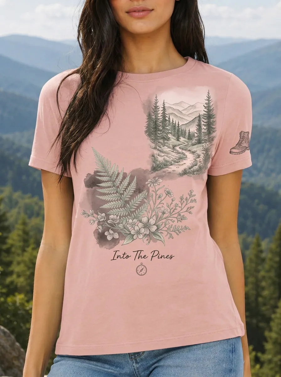 Women's Nature Lover Forest Fern Mountain Printed T-shirt