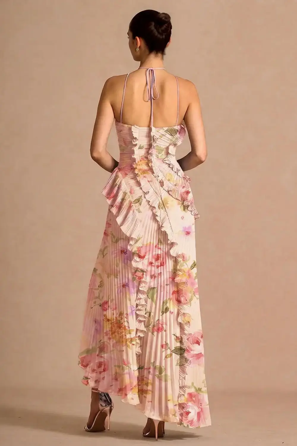 Pleated Frill Halter Neck Midi Dress
