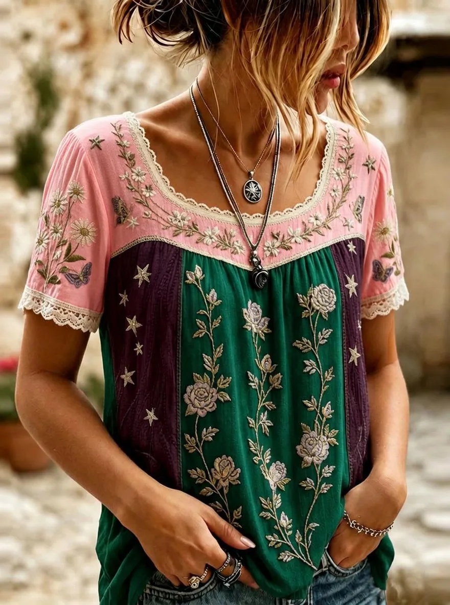 Women's Boho Floral Star Butterfly Embroidered Printed T-shirt