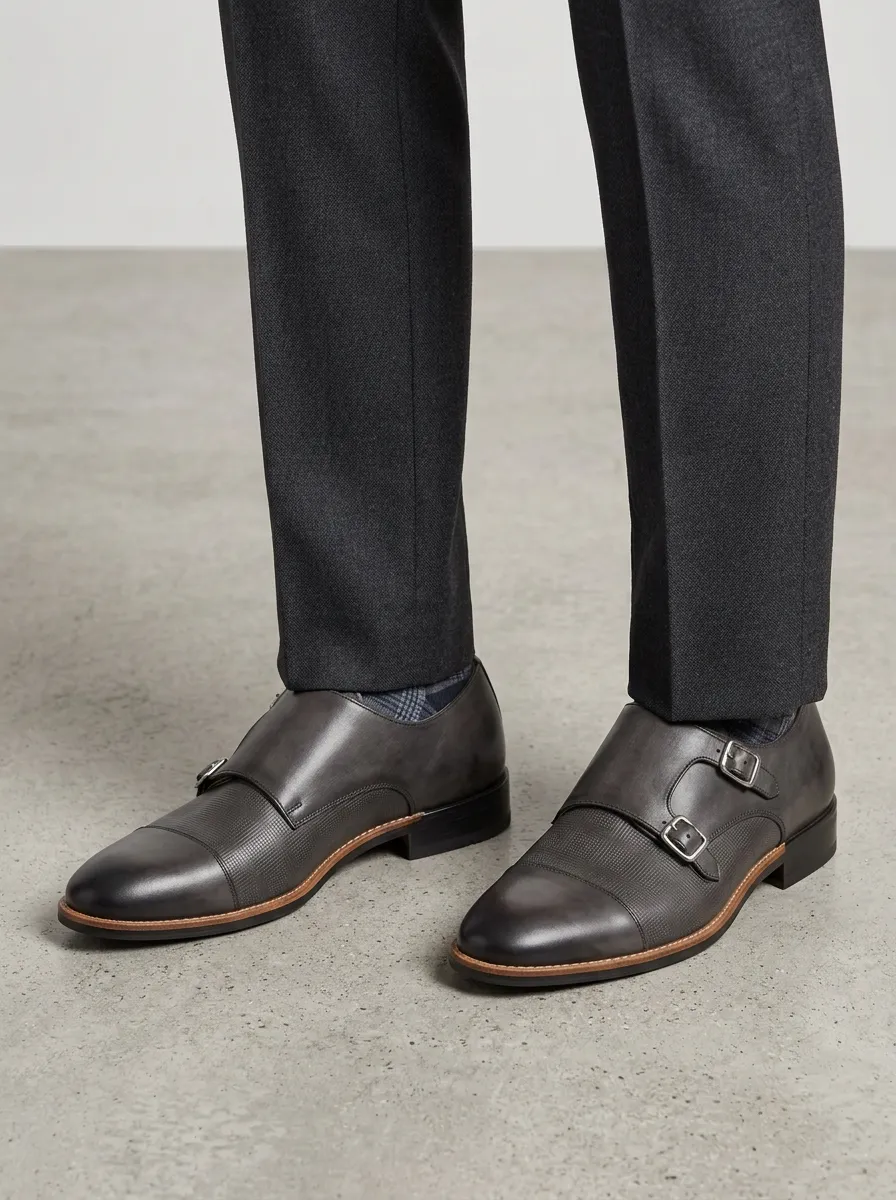 Men's Business Formal Textured Leather Double Monk Strap Shoes