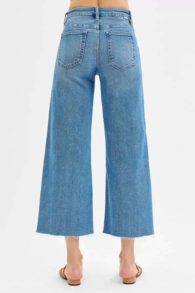 Tummy Control Mid Rise Crop Wide Front Slit Jeans