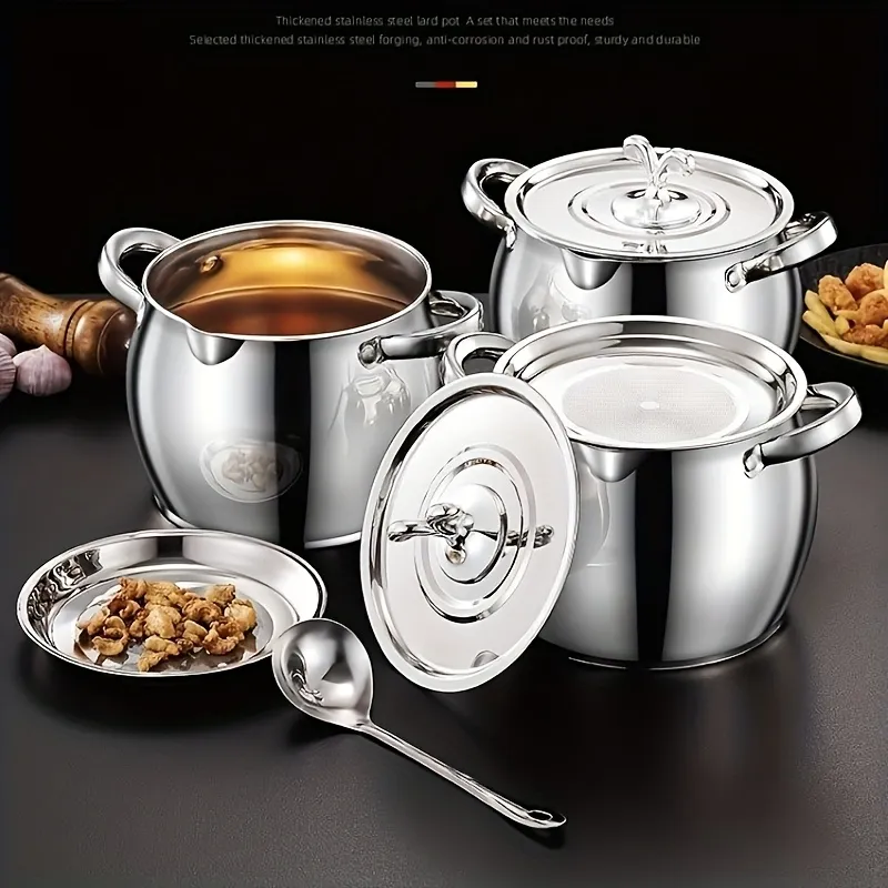 Thickened Stainless Steel Lard Pot Set, Multi-Functional Cookware for Rendering and Storing Fats