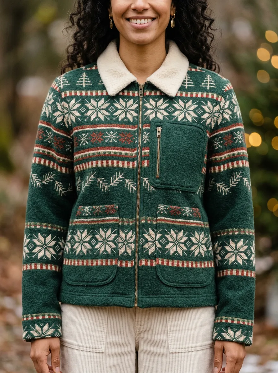 Christmas Snowflake Tree Pattern Print Fleece Jacket