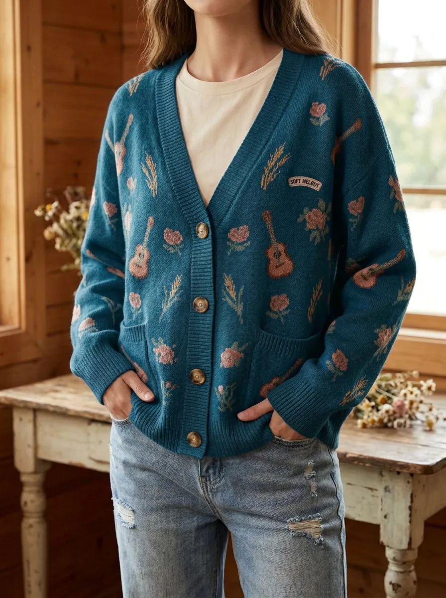 Rustic Guitar Floral Women's Country Music Casual Sweater Cardigan