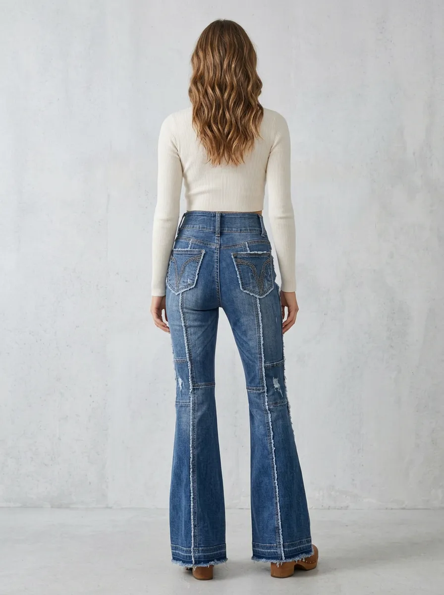Women's Vintage Style Patchwork Distressed High-Waisted Flare Jeans