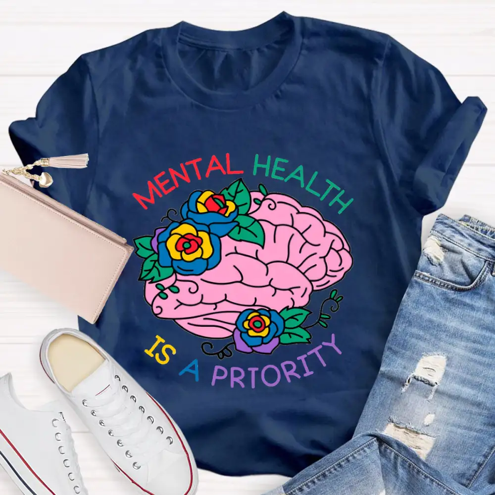 Mental Health Is A Priority Floral Brain T-Shirt