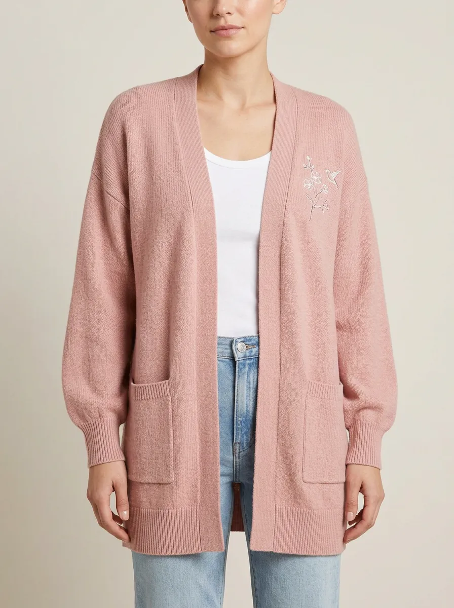 Women's Pink Floral Hummingbird Embroidered Open Casual Cardigan