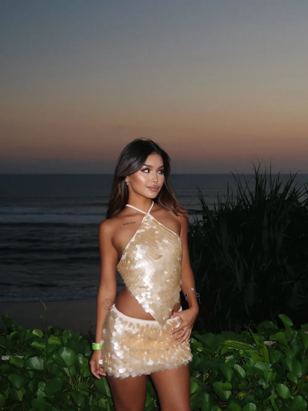 Sienna Paillette Halter Two Piece Mini Skirt Set in Gold