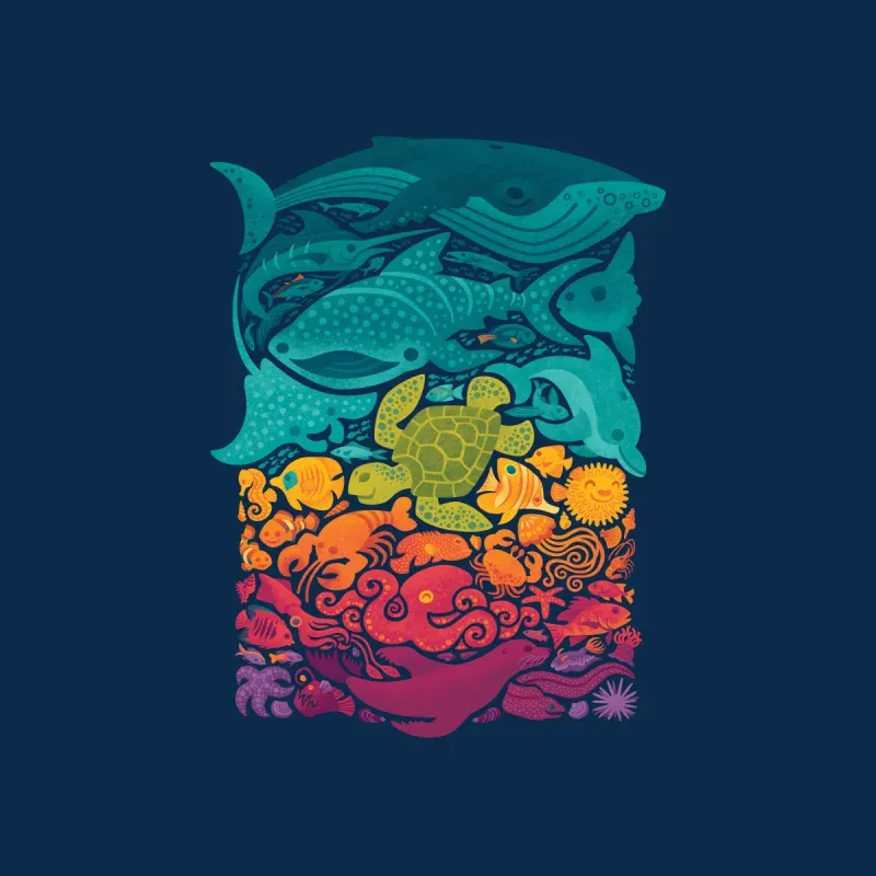 Men's Fitted Artistic Marine Ecosystem Pattern Round-Neck Long-Sleeve T-Shirt