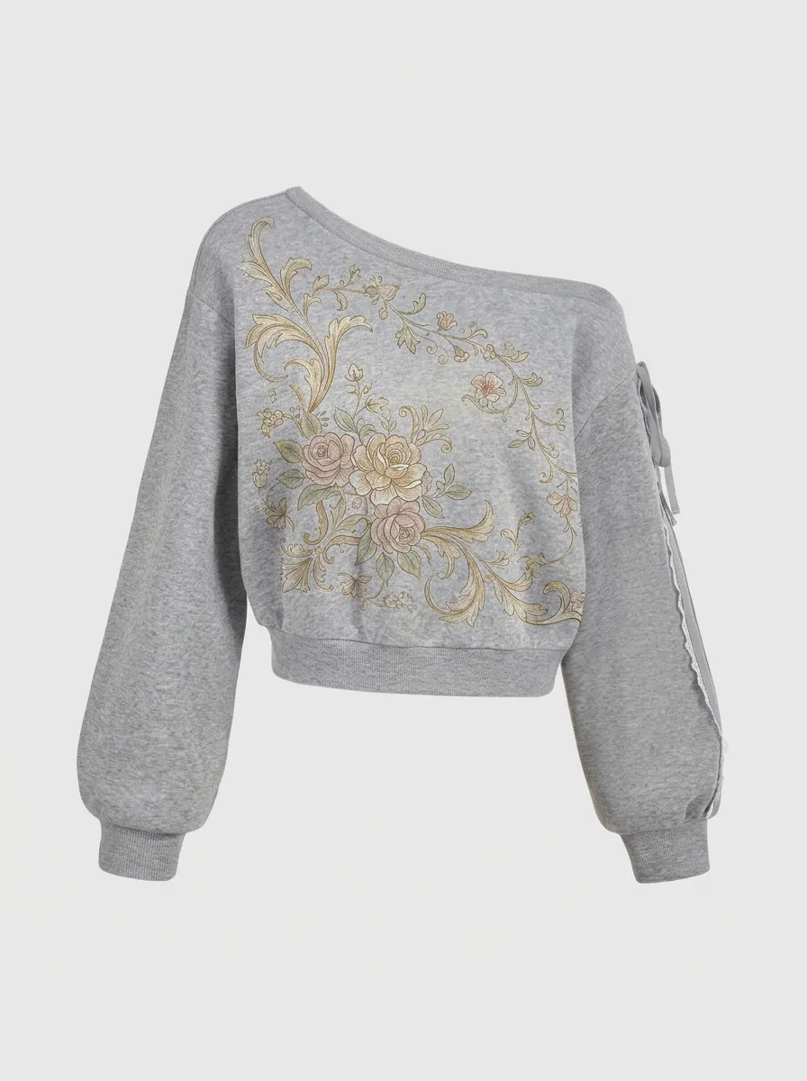 Women's Vintage Floral Baroque Printed One-Shoulder Sweatshirt