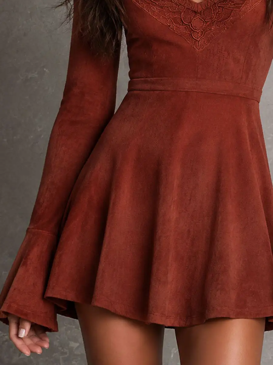 Boho Rust Microsuede Skater Mini Dress With Flare Long Sleeve