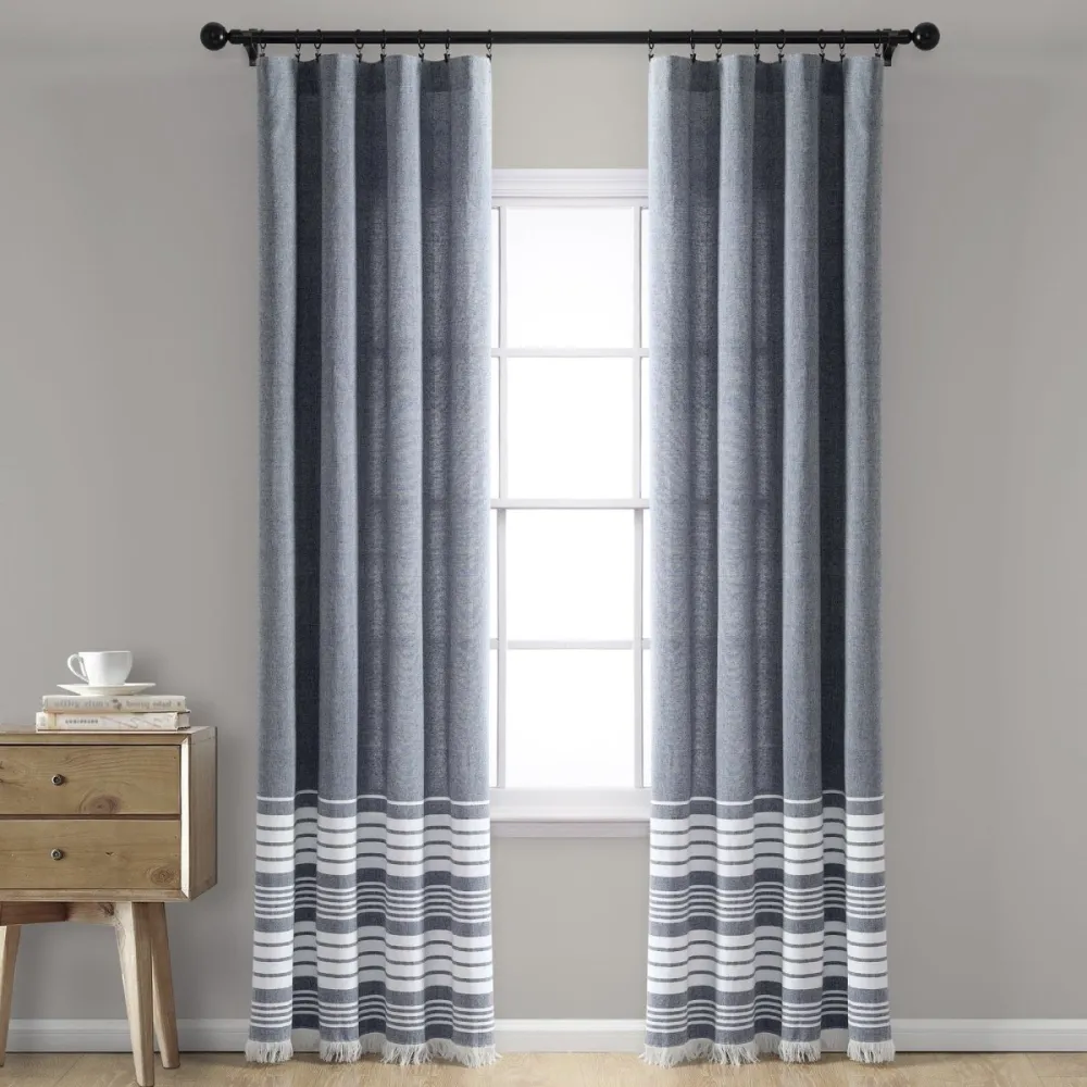 Refined Farmhouse Stripe Cotton Rod Pocket Tassel Curtain Panel Set