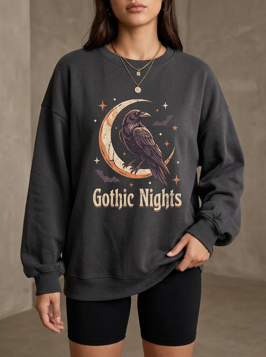 Women's Halloween Gothic Raven Moon Printed Sweatshirt